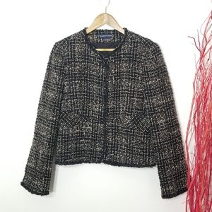 Tristan & Iseut Tweed Black & Tan Blazer Wool Blend Business Casual Jacket Sz L